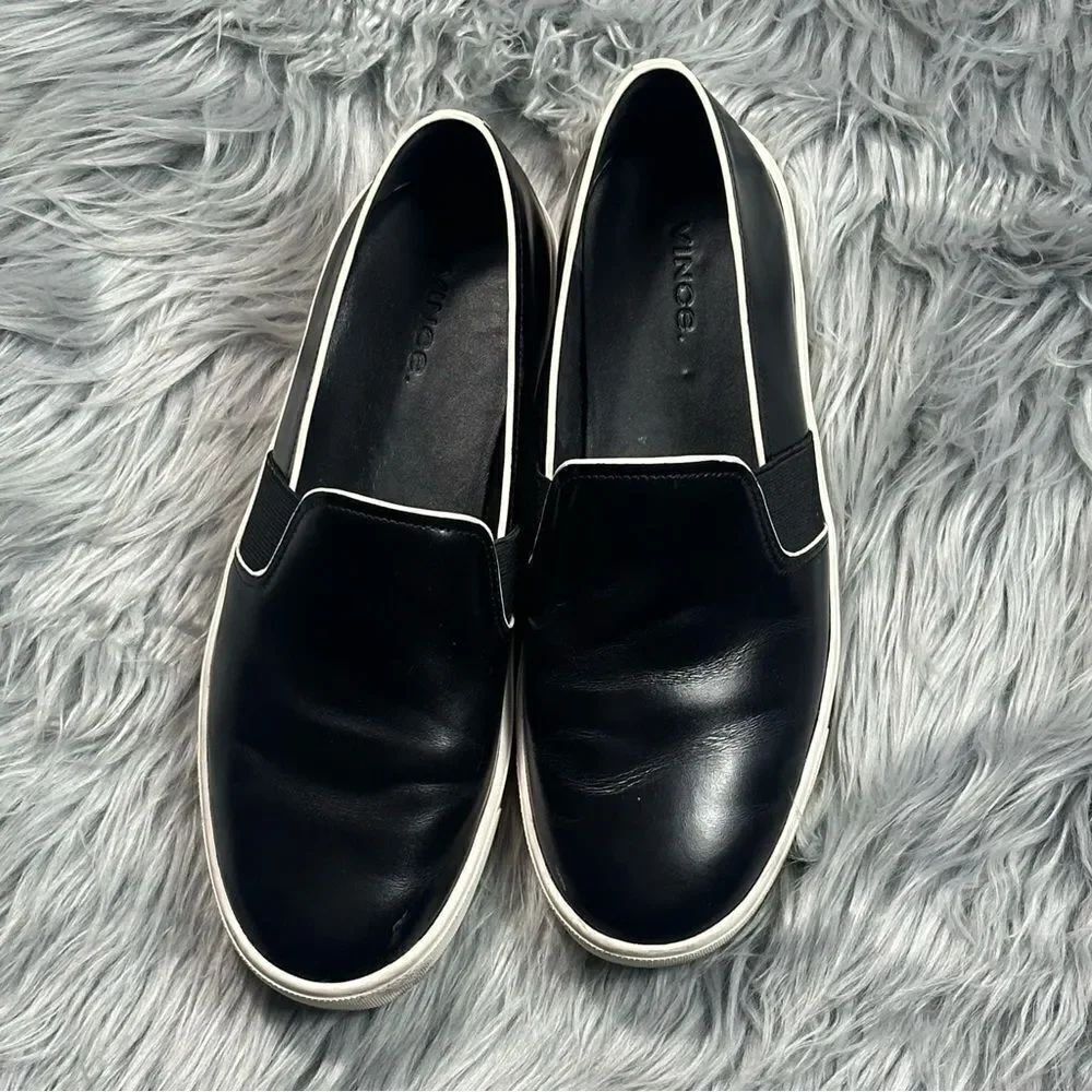 Vince Black Leather Slip-On Loafers